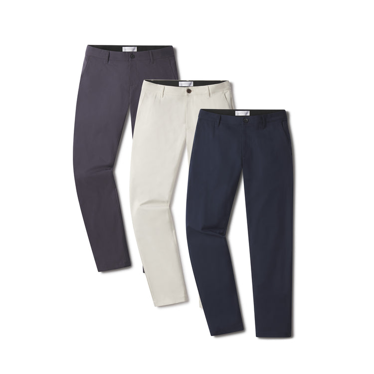 Men wearing Stone/Navy/Granite 5 Pocket Travel Pants 3-Pack