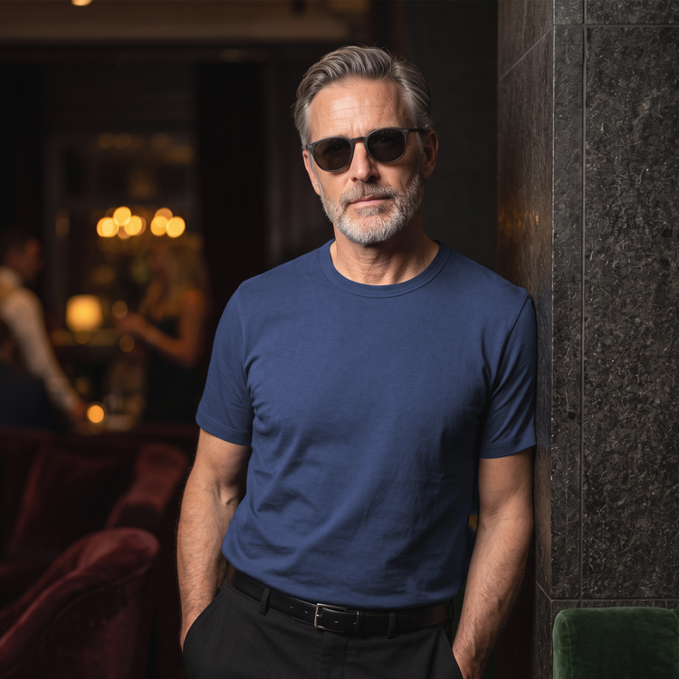 Men wearing Azul báltico Classic Crew Driggs Tee