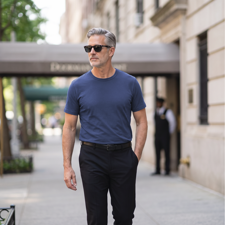 Men wearing Azul báltico Classic Crew Driggs Tee