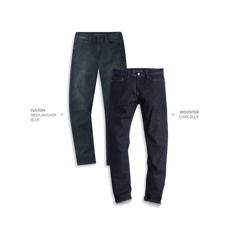 wearing Light/Medium Blue / Light Blue Slim Fulton Medium/Dark Blue and Slim Wooster Dark Blue 2-Pack Jeans