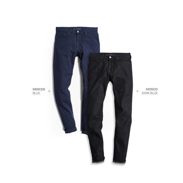 wearing Blue / Dark Blue Slim Mercer and Slim Mosco 2-Pack Jeans
