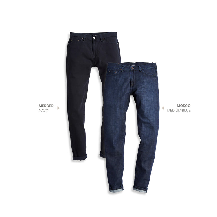 wearing Navy / Medium Blue Slim Mercer and Slim Mosco 2-Pack Jeans