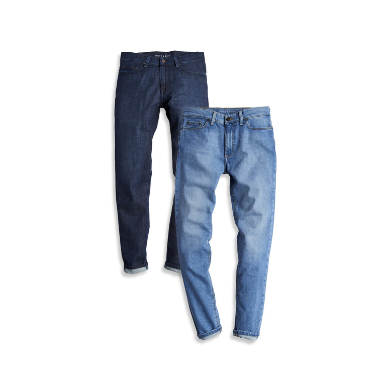 wearing Medium Blue/Light Blue Slim Mosco and Slim Benson 2-Pack Jeans