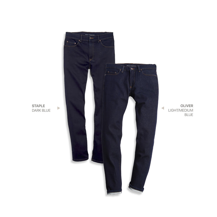 wearing Light/Medium Blue / Dark Blue Slim Staple and Slim Oliver 2-Pack Jeans