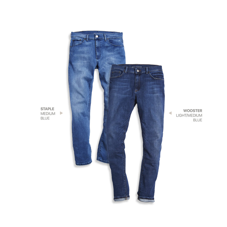 wearing Medium Blue / Light/Medium Blue Straight Staple Medium Blue and Wooster Light/Medium Blue 2-Pack Jeans