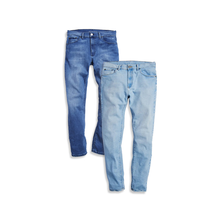 wearing Medium Blue/Light Blue Slim Staple and Slim Grand 2-Pack Jeans