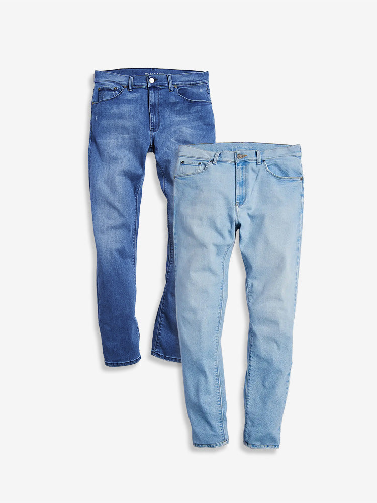 wearing Medium Blue/Light Blue Slim Staple and Slim Grand 2-Pack Jeans