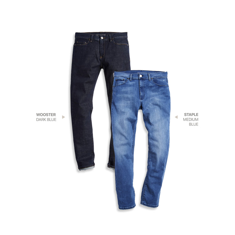 wearing Light/Medium Blue / Light Blue Slim Wooster Dark Blue and Slim Staple Medium Blue 2-Pack Jeans