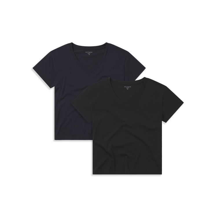 Women wearing Black/Navy Everyday Cotton Relaxed V-Neck Tee 2-Pack