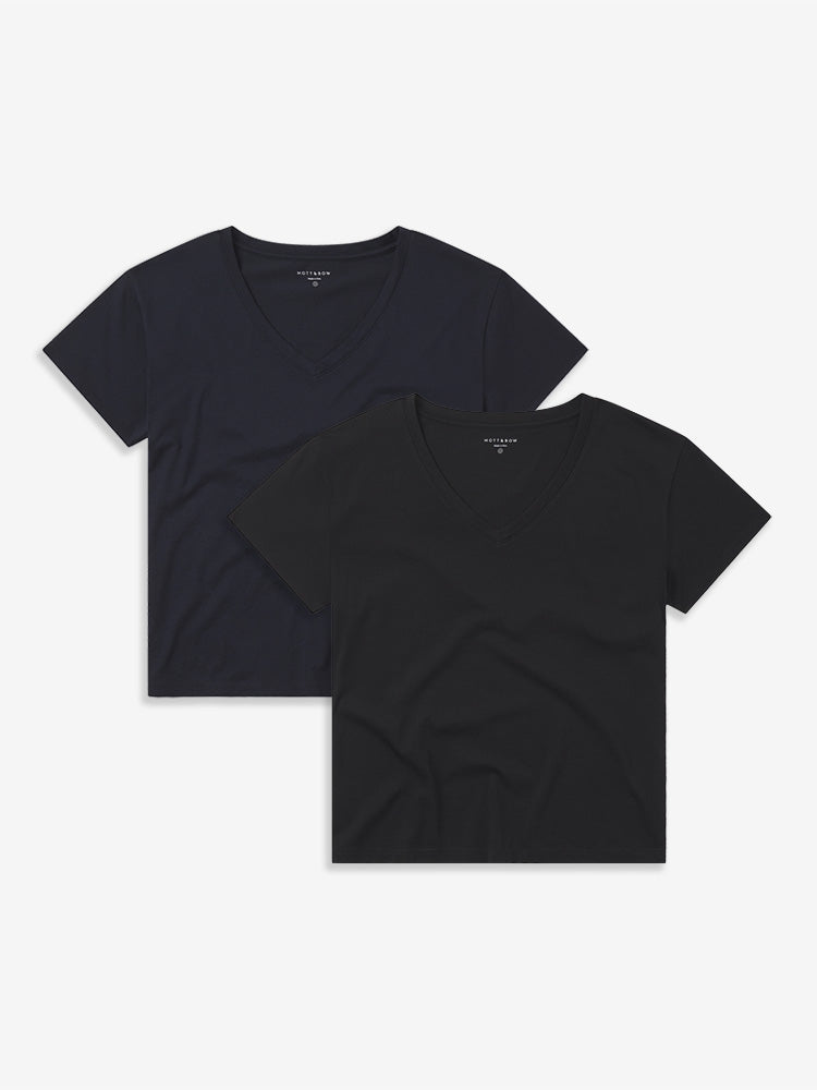Women wearing Black/Navy Everyday Cotton Relaxed V-Neck Tee 2-Pack