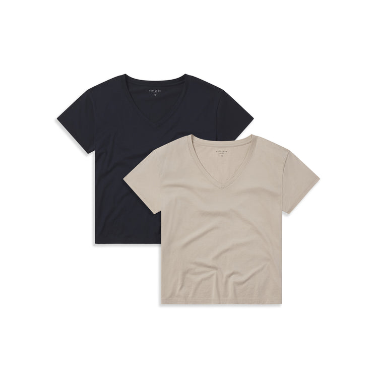 Women wearing Oat/Navy Everyday Cotton Relaxed V-Neck Tee 2-Pack