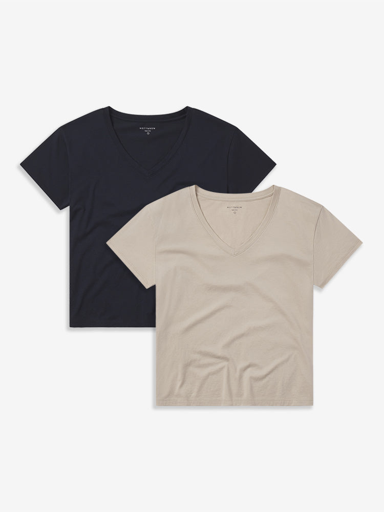 Women wearing Oat/Navy Everyday Cotton Relaxed V-Neck Tee 2-Pack