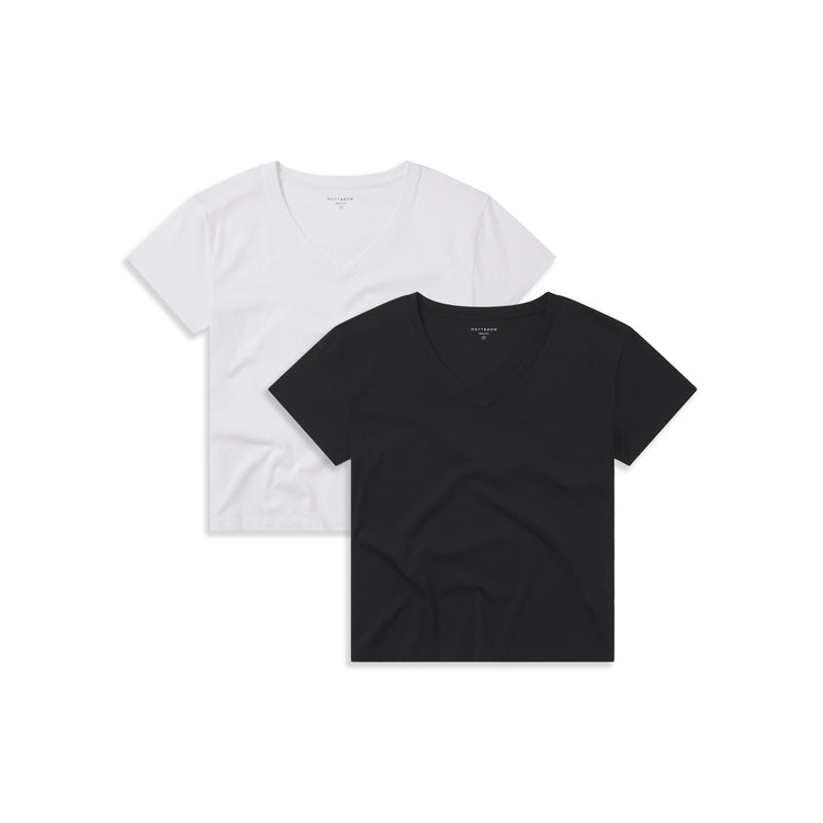 Women wearing White/Black Everyday Cotton Relaxed V-Neck Tee 2-Pack