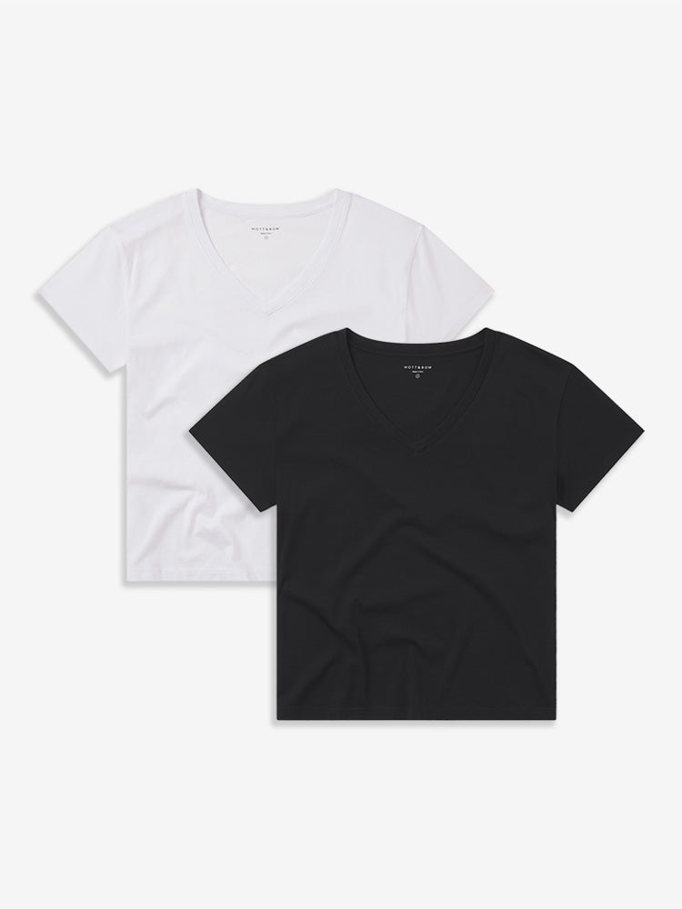 Women wearing White/Black Everyday Cotton Relaxed V-Neck Tee 2-Pack