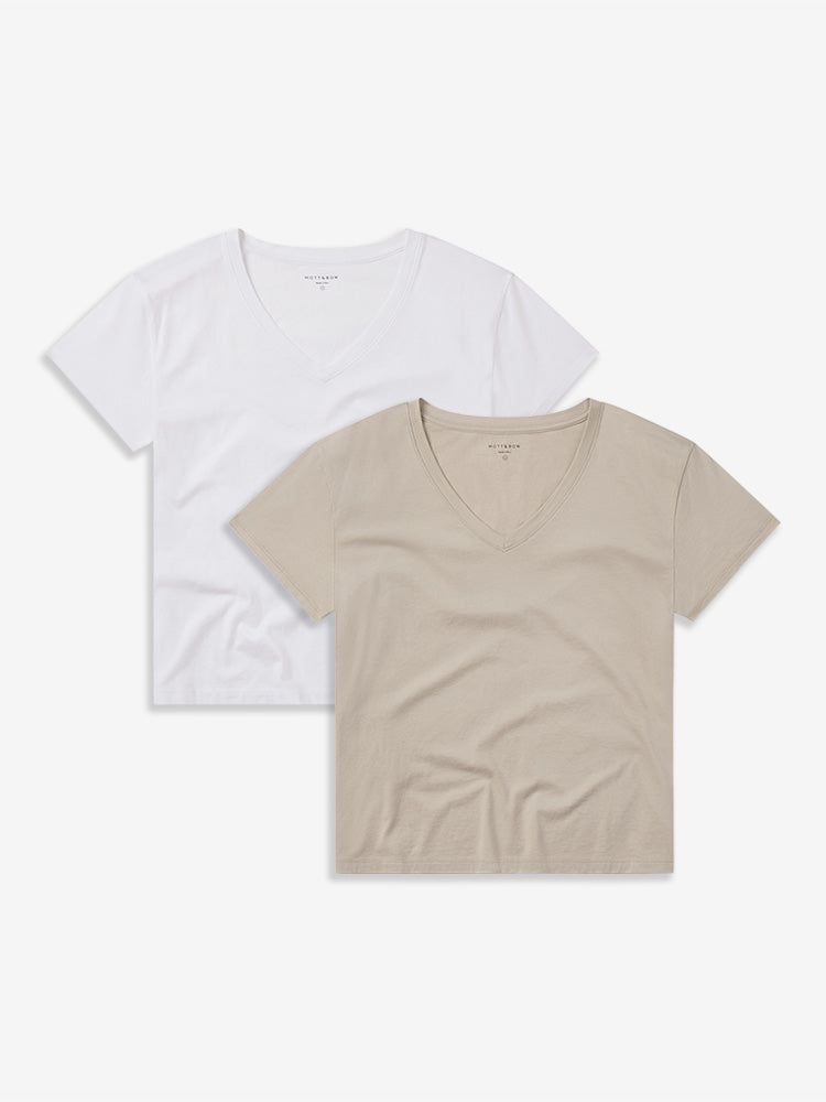 Women wearing White/Oat Everyday Cotton Relaxed V-Neck Tee 2-Pack