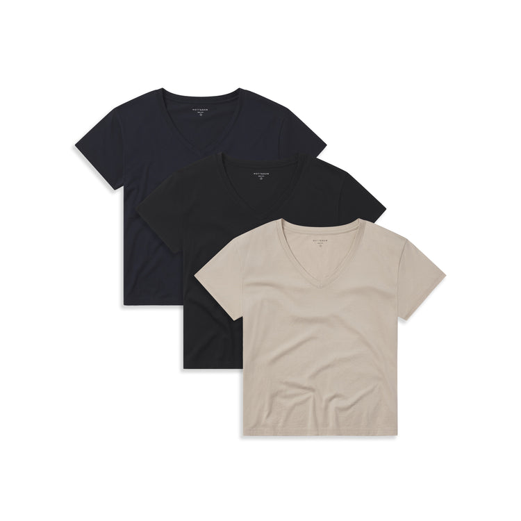 Women wearing Black/Navy/Oat Everyday Cotton Relaxed V-Neck Tee 3-Pack