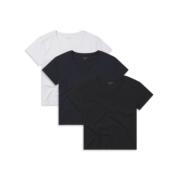 Women wearing White/Black/Navy Everyday Cotton Relaxed V-Neck Tee 3-Pack