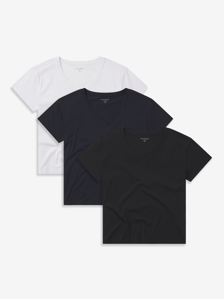 Women wearing White/Black/Navy Everyday Cotton Relaxed V-Neck Tee 3-Pack