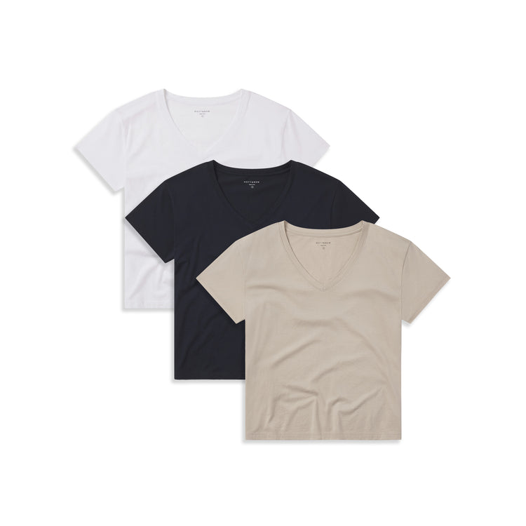 Women wearing White/Oat/Navy Everyday Cotton Relaxed V-Neck Tee 3-Pack