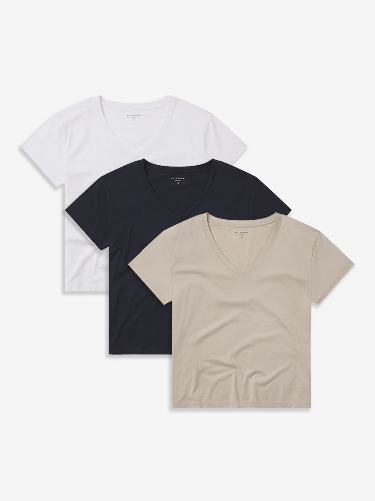 Women wearing White/Oat/Navy Everyday Cotton Relaxed V-Neck Tee 3-Pack