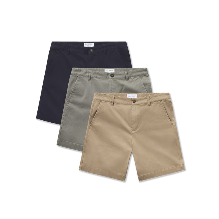 Men wearing Navy/Light Sage/Khaki Stretch Chino Short 3-Pack