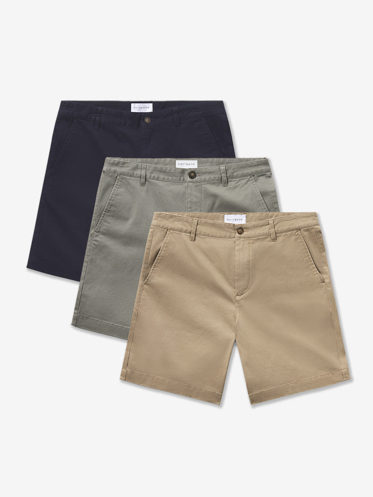 Men wearing Navy/Light Sage/Khaki Stretch Chino Short 3-Pack