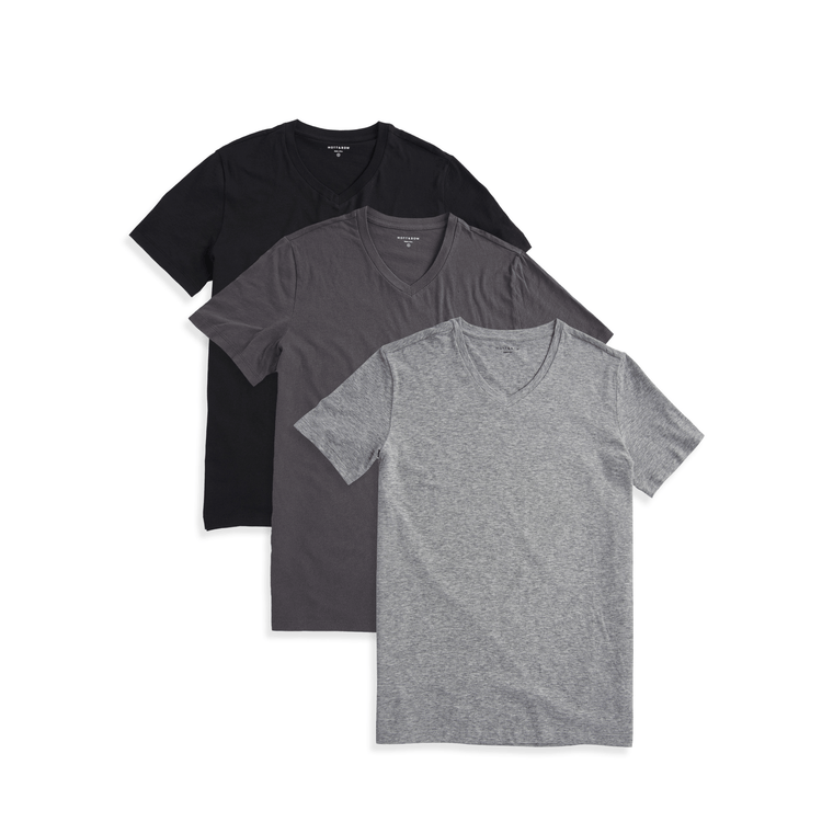wearing Black/Dark Gray/Heather Gray Classic V-Neck Driggs 3-Pack