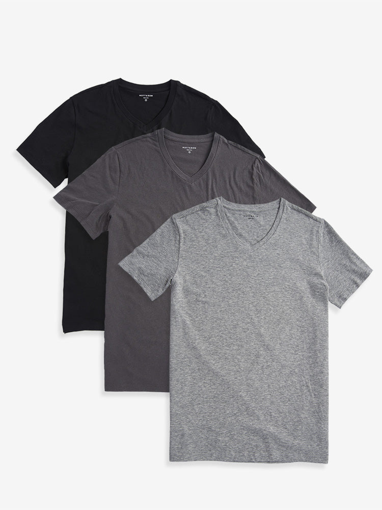 wearing Black/Dark Gray/Heather Gray Classic V-Neck Driggs 3-Pack