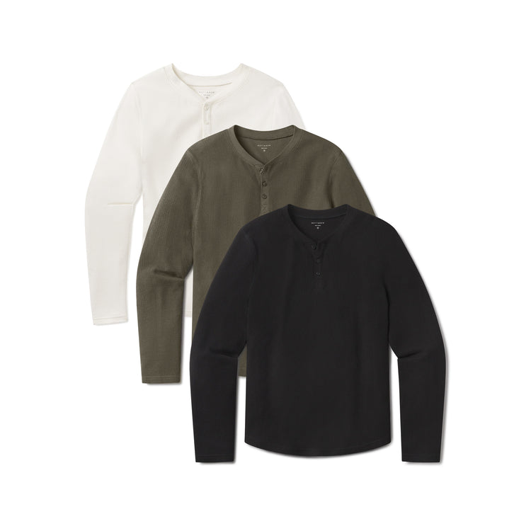 Men wearing Black/Bone/Dark Moss Cotton Waffle Curved Hem Henley 3-Pack