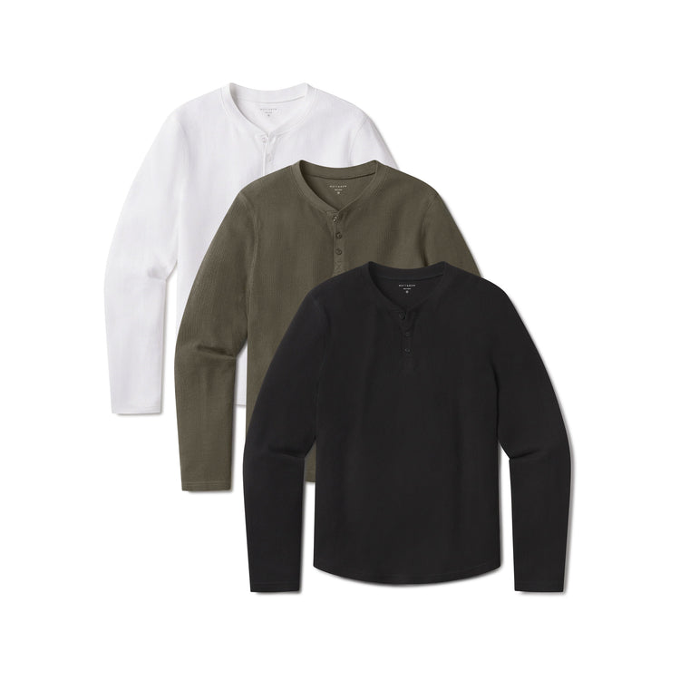 Men wearing White/Dark Moss/Black Cotton Waffle Curved Hem Henley 3-Pack