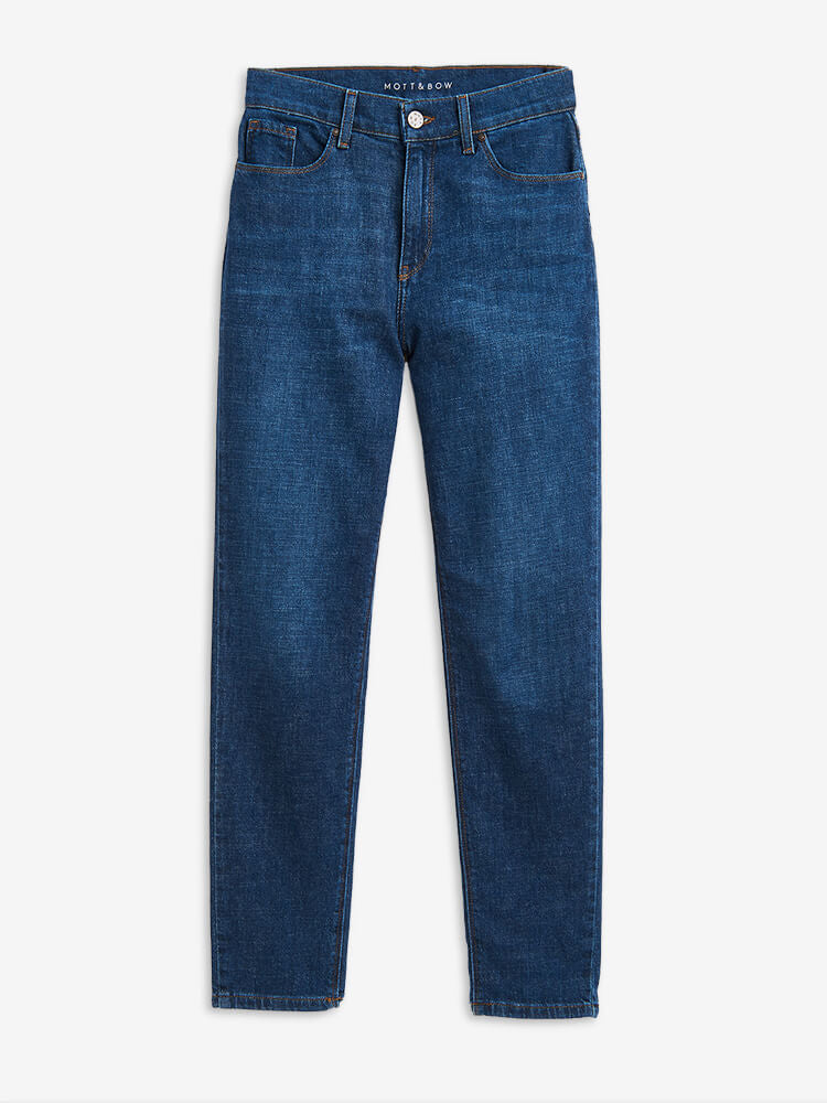 Women wearing Medium/Dark Blue High Rise Mom Charlton Jeans