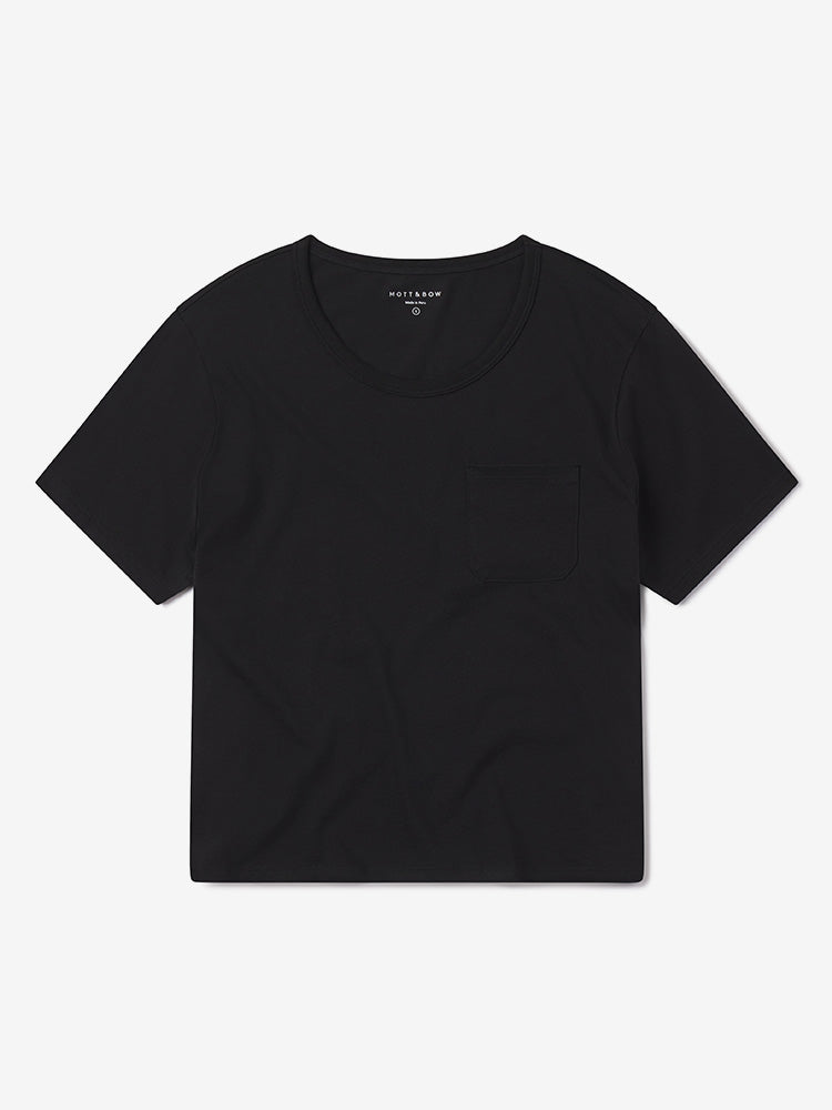 Women wearing Black Everyday Cotton One Pocket Crew Tee