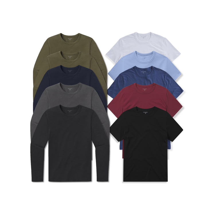 wearing Black/White/California Blue/Baltic Blue/Brick Red/Black/Navy/Dark Moss/Dark Moss/Dark Gray Short Long Sleeve Driggs 10-Pack