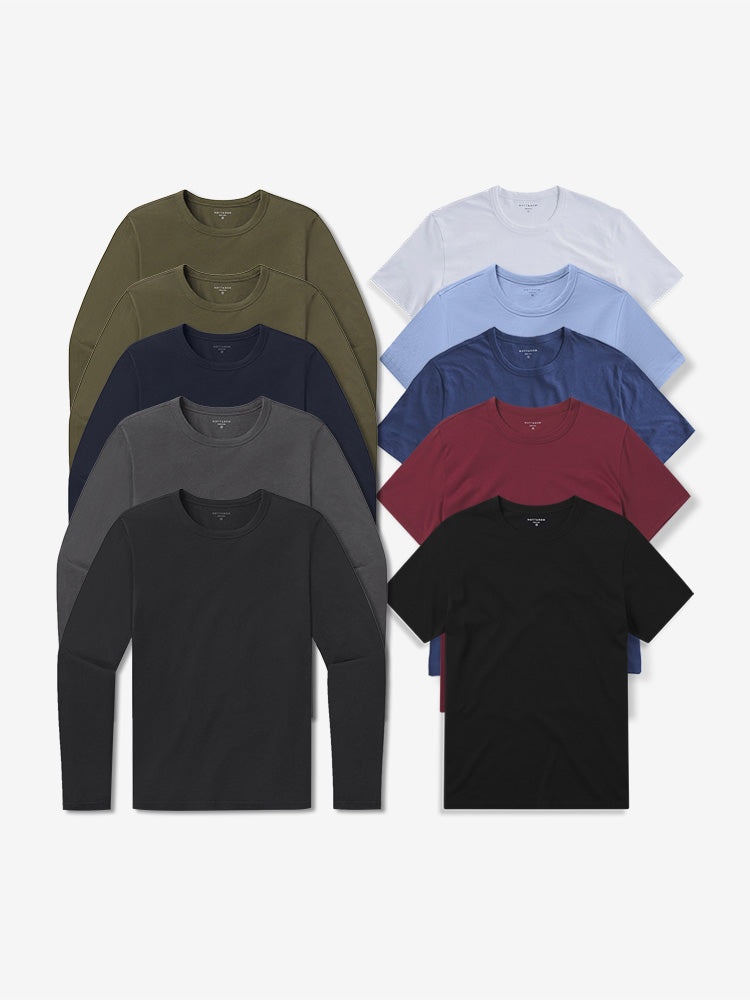 wearing Black/White/California Blue/Baltic Blue/Brick Red/Black/Navy/Dark Moss/Dark Moss/Dark Gray Short Long Sleeve Driggs 10-Pack