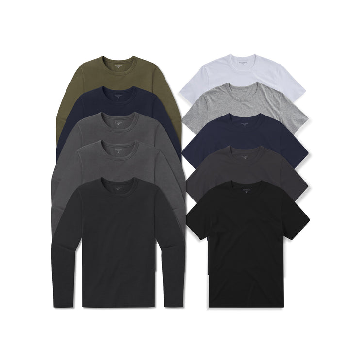 wearing Black/White/Heather Gray/Dark Gray/Navy/Black/Navy/Dark Gray/Dark Gray/Dark Moss Short Long Sleeve Driggs 10-Pack