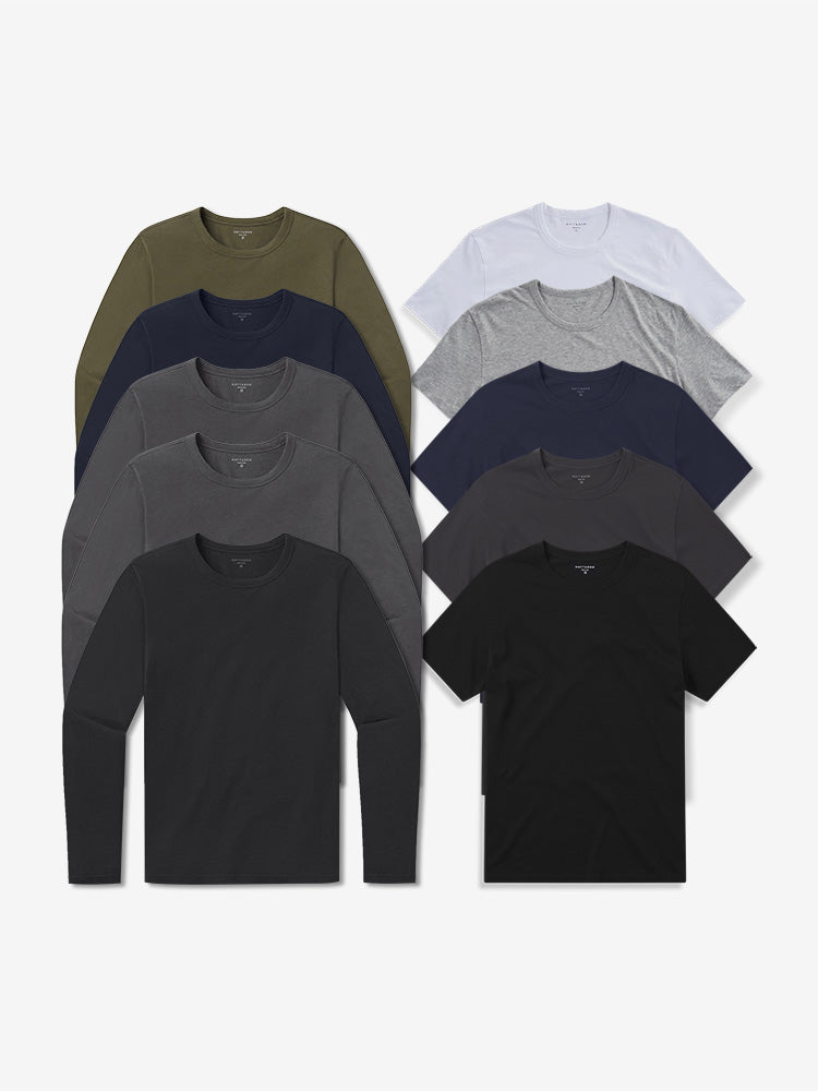 wearing Black/White/Heather Gray/Dark Gray/Navy/Black/Navy/Dark Gray/Dark Gray/Dark Moss Short Long Sleeve Driggs 10-Pack