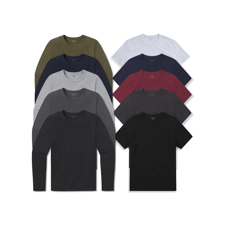 wearing Black/White/Navy/Dark Gray/Brick Red/Black/Navy/Dark Moss/Dark Gray/Heather Gray Short Long Sleeve Driggs 10-Pack