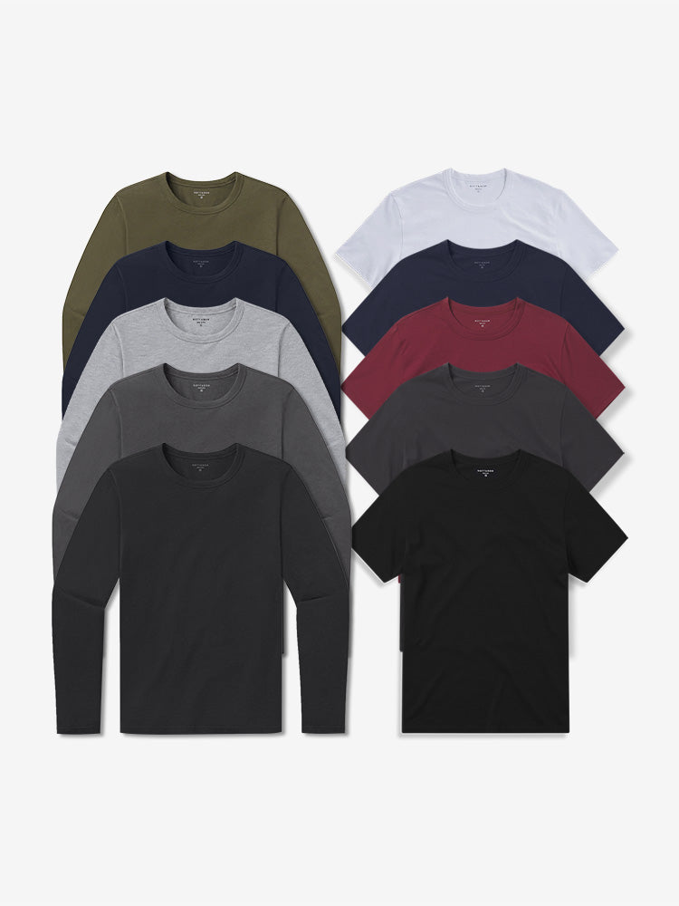 wearing Black/White/Navy/Dark Gray/Brick Red/Black/Navy/Dark Moss/Dark Gray/Heather Gray Short Long Sleeve Driggs 10-Pack