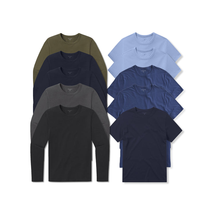 wearing California Blue/California Blue/Baltic Blue/Baltic Blue/Navy/Navy/Navy/Black/Dark Gray/Dark Moss Short Long Sleeve Driggs 10-Pack
