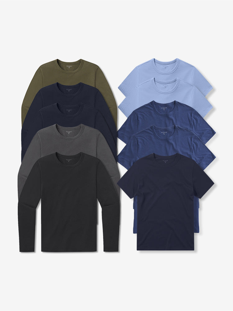 wearing California Blue/California Blue/Baltic Blue/Baltic Blue/Navy/Navy/Navy/Black/Dark Gray/Dark Moss Short Long Sleeve Driggs 10-Pack