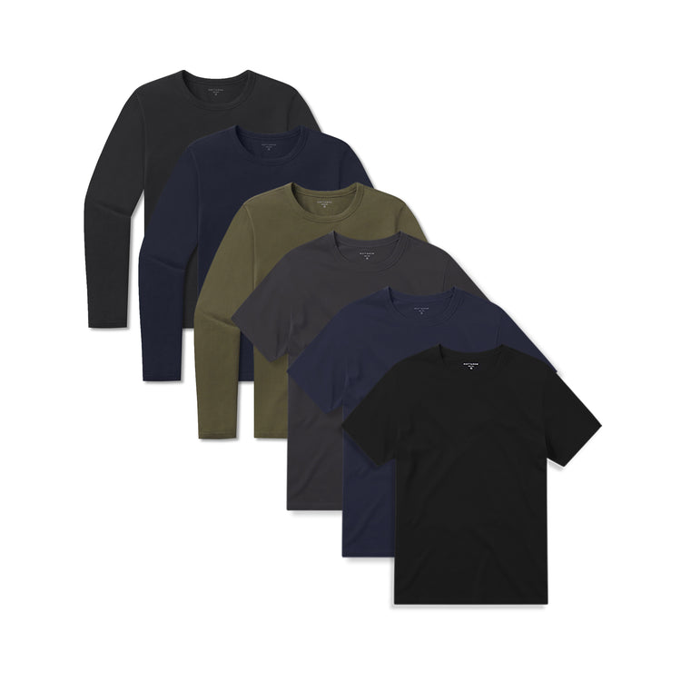 wearing Black/Navy/Dark Gray/Black/Navy/Dark Moss Short Long Sleeve Driggs 6-Pack
