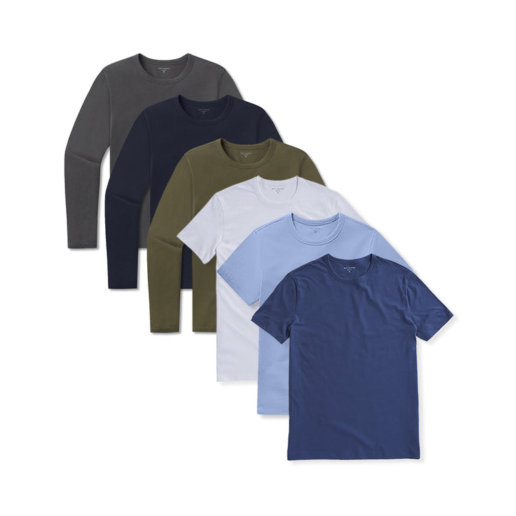 wearing White/California Blue/Baltic Blue/Navy/Dark Moss/Dark Gray Short Long Sleeve Driggs 6-Pack