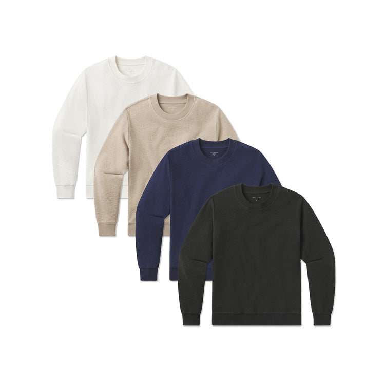 Women wearing Caramel/Ivory/Soft Navy/Faded Black Crew Neck Fleece Sweatshirt 4-Pack