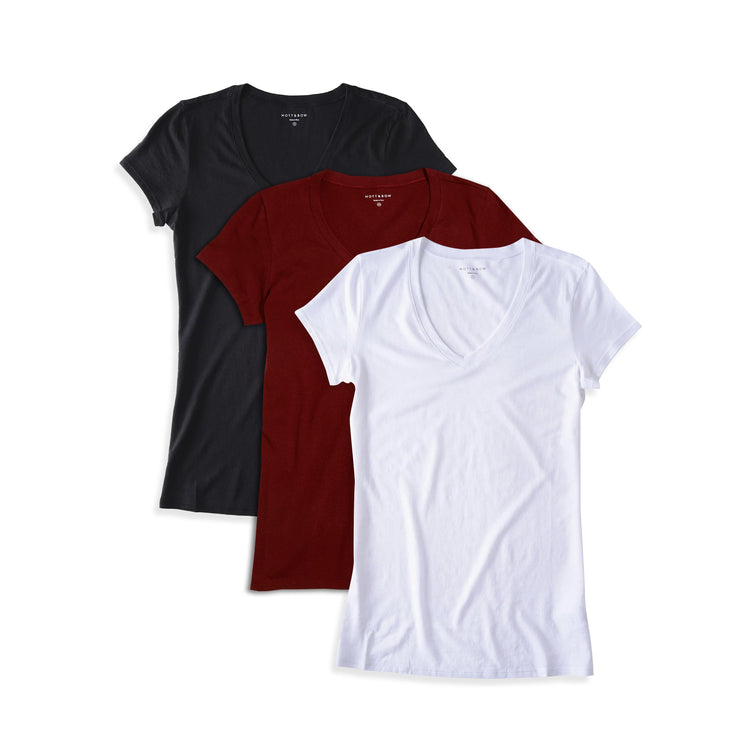 wearing Black/Crimson/White Fitted V-Neck Marcy 3-Pack