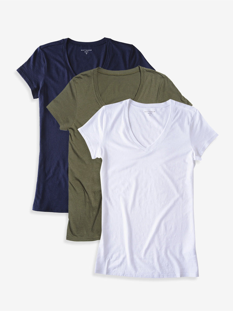 Women wearing Black/White/Heather Gray Fitted V-Neck Marcy 3-Pack WDP1