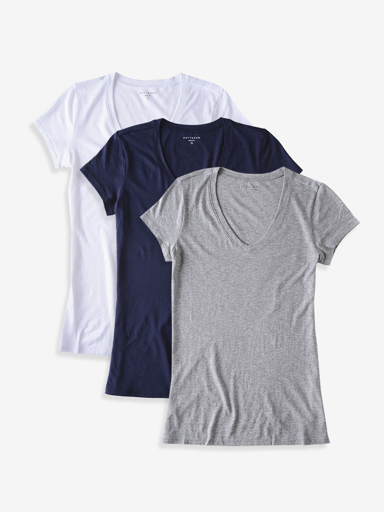 Women wearing White/Heather Gray/Navy Fitted V-Neck Marcy 3-Pack