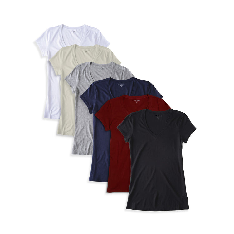 Women wearing Black/White/Heather Gray/Navy/Vintage White/Crimson Fitted V-Neck Marcy 6-Pack