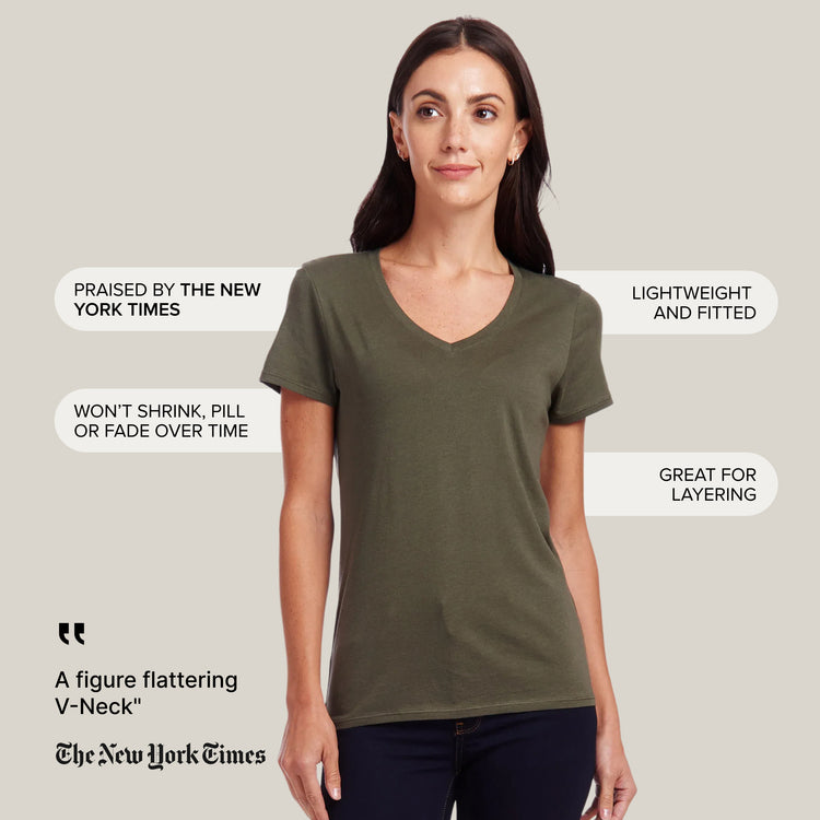 Women wearing Verde militar Fitted V-Neck Marcy Tee
