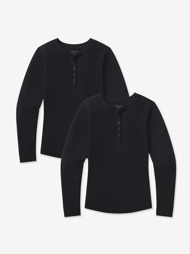 Women wearing Black Long Sleeve Rib Henley Tee 2-Pack