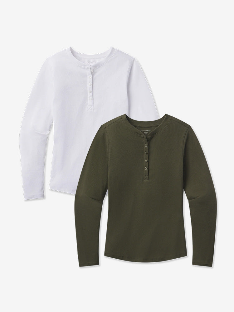 Women wearing White/Dark Olive Long Sleeve Rib Henley Tee 2-Pack